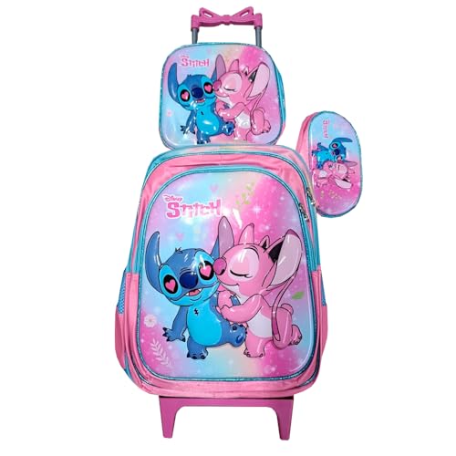 Kit Mochila Stitch e Angel Feminina com Rodinhas em 3D + Lancheira Térmica + Estojo Escolar Infantil