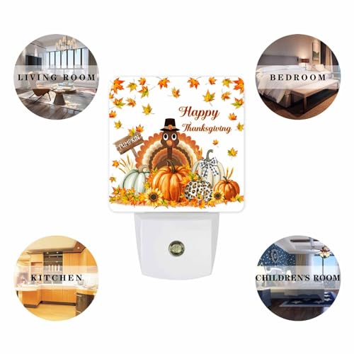 Image of Night Light Plug in LED Thanksgiving Farm Turkey Pumpkin Sunflowers Automatic Night Light,Square Night-Light Plug into Wall for Bedroom Bathroom Kitchen Hallway Decor