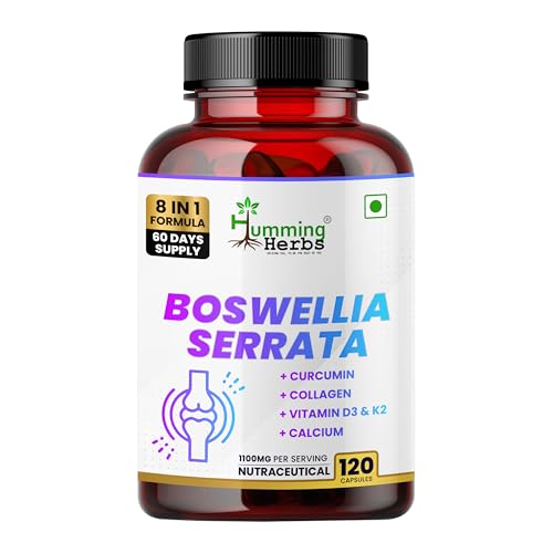 Image of Humming Herbs Boswellia Serrata Supplement 1100mg with Curcumin, Collagen, Hyaluronic Acid, Calcium, Vitamin D3, K2 & Magnesium | 8-in-1 Joint Mobility & Antioxidant Support | 120 Veg Capsules | 60 Days Supply