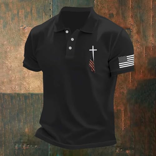 Christian Polo Shirts for Men Jesus Faith Cross American Flag Patriotic Golf T-Shirts 4th of July USA Flags Tee Tops2