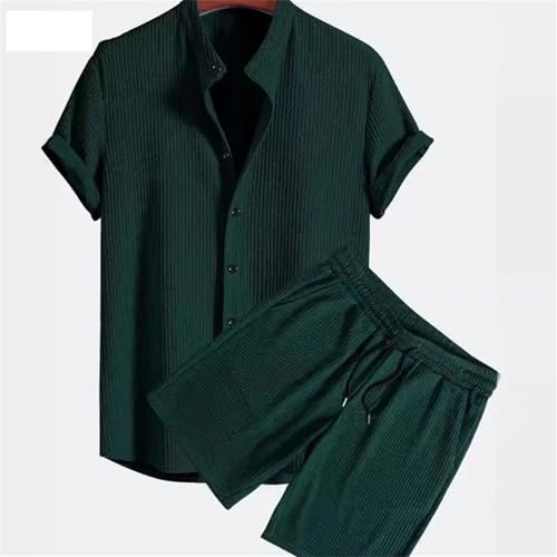 Mens Casual Knitted Two Piece Sets Notched Blouse Shorts Suit Male Beach Tracksuits Set4