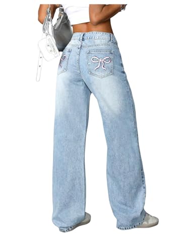 WDIRARA Women's Bowknot Embroidery Y2k Jeans Straight Leg Cute Denim Pants