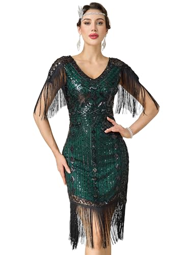 RRYIO Flapper Dresses 1920s Dresses for Women,Crew Neck Great Gatsby Dresses with Sleeve Roaring 20s Dress for Harlem Nights (Black-Green, XL)
