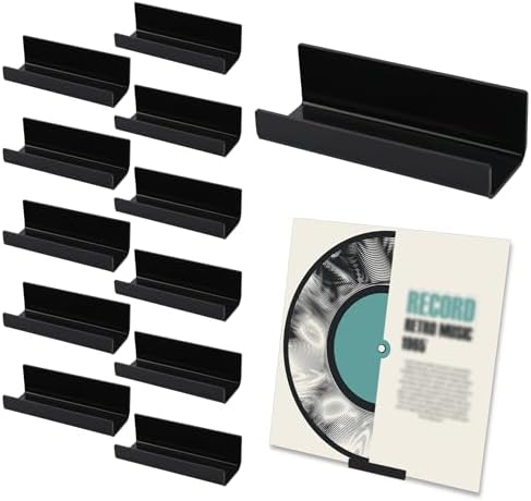 12pcs Vinyl Record Wall Mount, Acrylic Album Record No Drill Adhesive Tape Vinyl Record Display Holder Stand Racks for Album Covers Display (Black)
