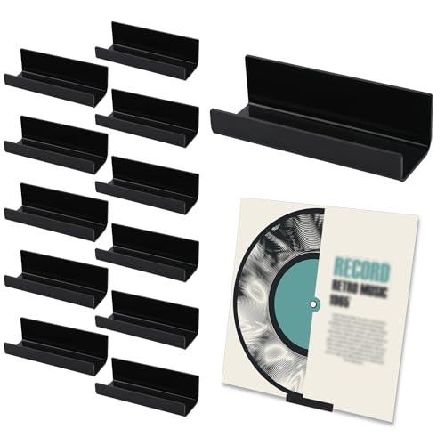 PEUTIER 12pcs Vinyl Record Wall Mount, Acrylic Album Record No Drill Adhesive Tape Vinyl Record Display Holder Stand Racks for Album Covers Display (Black)