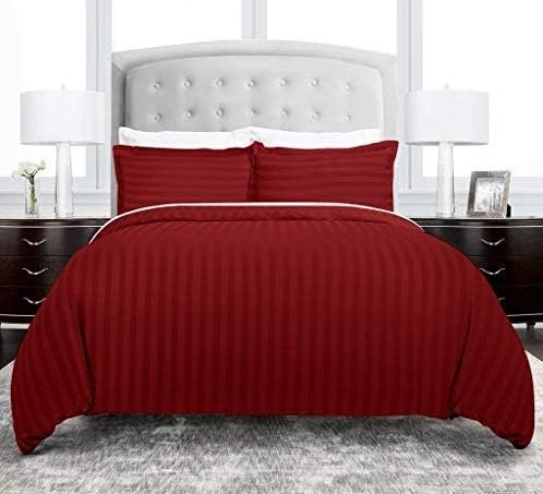 OMOROZE 100% Cotton Satin Solid Plain Stripes Large Bedsheet for Single Bed with 1 Pillow Cover Combo Set Maroon Soft Premium Sateen (with 1 Free Cotton Hand/Face Towel)