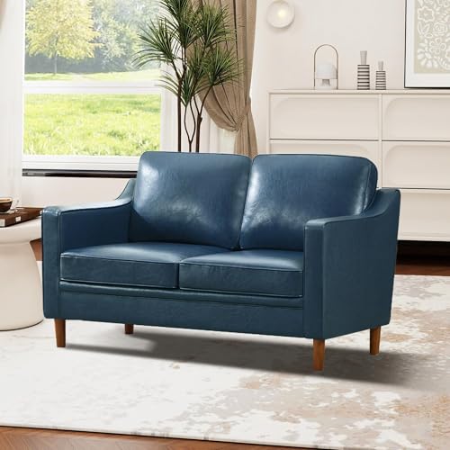 Image of Kingfun 60 inch Faux Leather Sofa, Loveseat Couch, Mid Century Modern Love Seat Couches with Solid Wood Frame for Living Room Bedroom