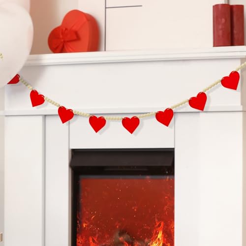 Image of Valentines Garland Decorations Banner, Pre-Assembled Wooden Hearts with Wooden Bead Garland for Valentines Day Decor, Hanging Banner for Mantel Home Fireplace Wall Party Decor