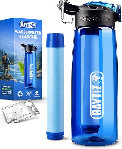 BAYTIZ &reg; Filtertrinkflasche + Aktivkohle-&Uuml;berlebensstrohhalm - Nomadische Wasserfilter-Flasche:...