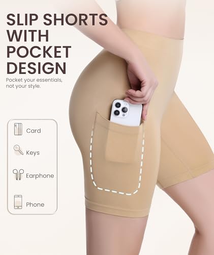 Image of 3 Pack Slip Shorts for Under Dress with Pocket Smooth Anti Chafing Shorts Women Bike Shorts