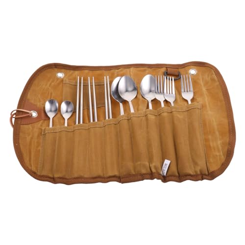 JOINPAYA 1 Set custodia per posate Forniture da campeggio borsa porta posate custodia per stoviglie per il campeggio utensili da picnic multifunzionali Acciaio inossidabile Marrone