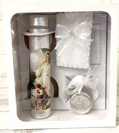 Beautiful Handmade 5pc. Silver Foil Angel and Kids Baptism Christening Shells Candle Set Favors Girl Boy White Set de Bautizo Espanol Nina Nino Baptism Communion Lace Gift Box