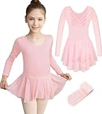 Vavewee Long Sleeve Ballet Leotard for Girls Kids Toddle Dance Dresses with Tights(23849-08B-LW-6Y)