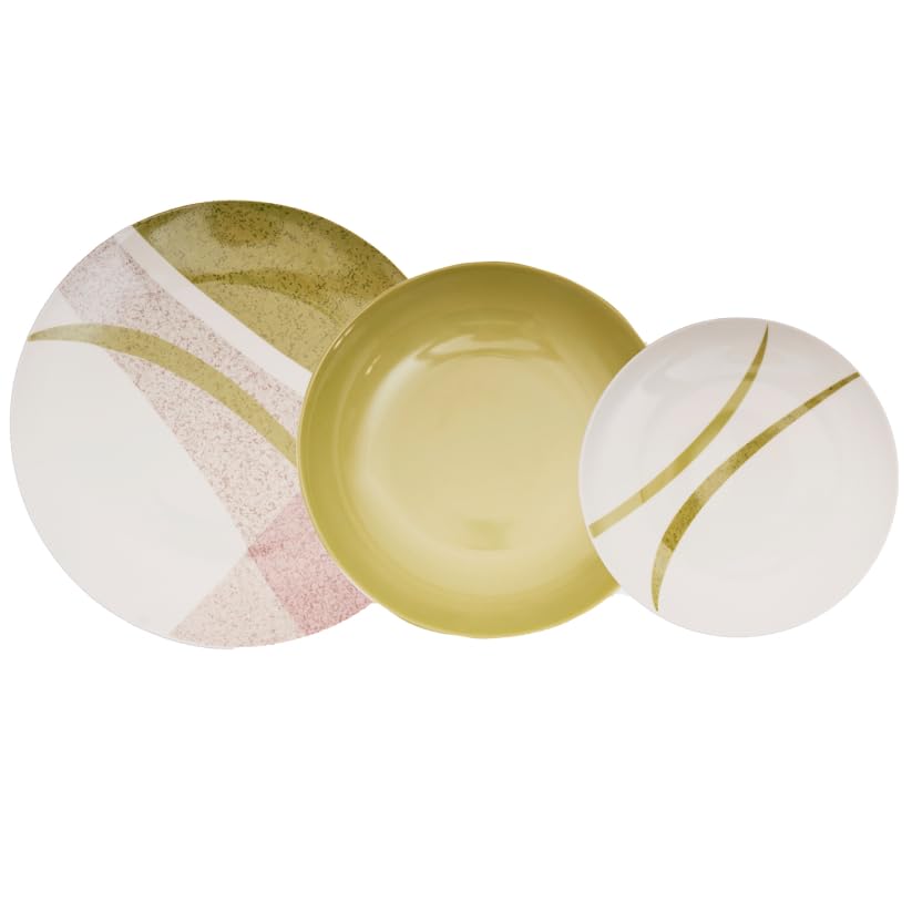 SET PIATTI 6 PERSONE: Porta eleganza e funzionalità sulla tua tavola con questo servizio premium per 6 persone, composto da 18 pezzi in porcellana di alta qualità. Include piatti piani (26 cm), piatti fondi (21 cm) e piatti frutta (19 cm), progettati per soddisfare ogni esigenza, dall’antipasto al dessert, con uno stile inconfondibile.
