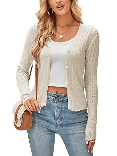 Yoesee Women's Open Front Cardigan Sweater Hollow Out Button Down Casual Knit Sweater Coat Apricot #TOP7