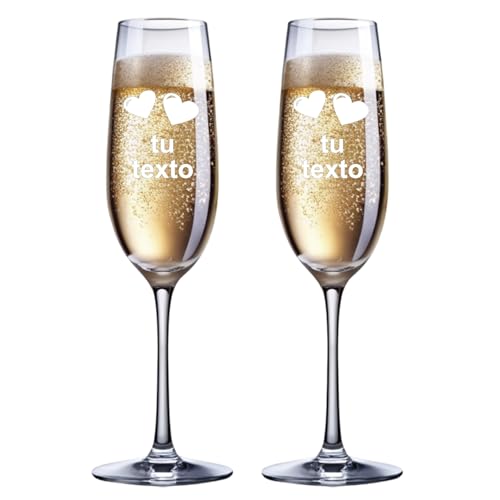 Lasernauten Pack de 2 Copas de Cava - Copa personalizada con Nombre o frase - copa de champán de cristal - grabado con láser - regalo boda, aniversario, San Valentín, 20cl - 12 diseños