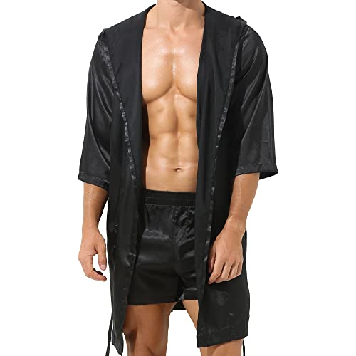 YUFEIDA Mens Satin Robe Silky Bathrobe with Shorts Lightweight Sleepwear Luxurious Pyjama Set Hooded Nightgown with Shorts