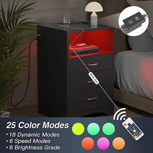HOSEOKA 3 Drawers Black Nightstand with Wireless Charging Station and LED Lights, Side Table with Open Storage Bedside End Table Night Stand Storage Cabinet for Bedroom, Black