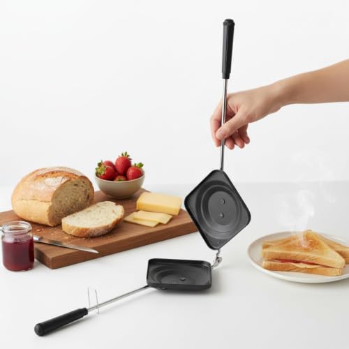 Image of Double Sided Sandwich Grill Pan | Non-Stick Toast Maker Aluminium Stovetop Toaster Gas Stove Flip for Bread Snacks Heat Resistant Handle Black (Pop-up Toaster)