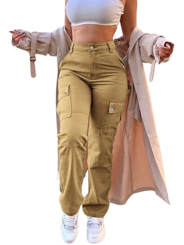 Cargo Pants for Women High Waisted Casual Pants Work Pants Baggy Stretchy Straight Leg Pants Y2K Streetwear with Pockets Khaki