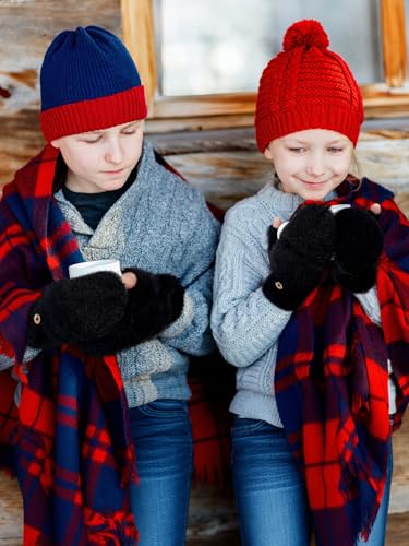 Geyoga 3 Pairs Kids Fingerless Gloves Winter Flip Gloves Warm Convertible Mitten for Girls Teenager Half Fingerless Mittens4