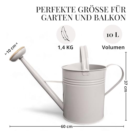 LIVLIG Gießkanne 10l, Blumengießkanne für Garten & Balkon, Hochwertige Metallgießkanne mit Abnehmbarer Brause und 2-Henkel Design, Gießkanne Vintage mit Messingbrause, Greige