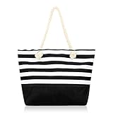 RIAH FASHION Large Reusable Eco Shopper Beach Tote - Canvas Fabric Travel Shoulder Bag Plaid Stripe (Nautical Stripe - Black)