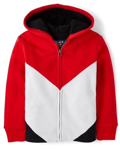 The Children's Place,Boys,Long Sleeve, Sherpa Lined, Zip-Front Hoodie Sweatshirt,Red Colorblock,X-Small