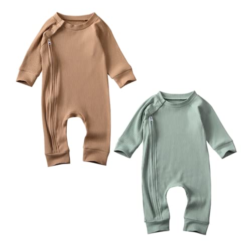 Image of iddolaka 2 Pack Baby Boy Girl Long Sleeve Zipper Romper Bodysuit Jumpsuit Playsuit One Piece Outfit Fall Winter Clothes