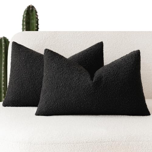 Image of Foindtower Set of 2, Decorative Textured Boucle Throw Pillow Covers Accent Solid Lumbar Pillow Cases Cozy Couch Cushion Case for Chair Sofa Bedroom Living Room Home Decor 12 x 20 Inch Black