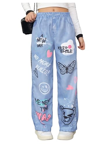 WDIRARA Girl's Cartoon Graphic Baggy Jeans Cute Elastic Waist Wide Leg Denim Pants