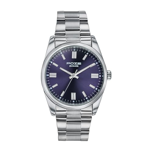 Image of Sonata Poze 6 Chrome Calling Quartz Blue Round Dial Men's Watch | SS Cut Edge Strap Material | Watches for Men Analog - SP70033SM05