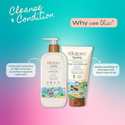 Image of Tikitoro Teens Cleanse & Condition Duo | Nourishing Shampoo & Conditioner Set | Gentle Cleansing, Strengthening & Frizz Control | No Parabens & Sulphates (Age 11+) (300ml x 1 & 150ml x 1)