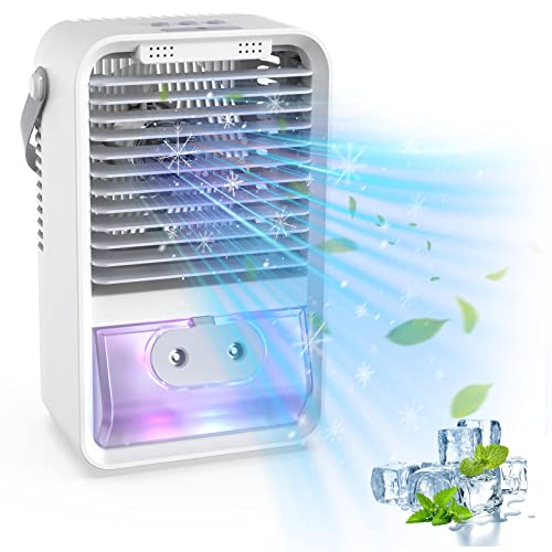mini climatiseur portable, mini refroidisseur d'air climatiseur 4 en 1 avec aromathérapie et humidificateur, 3 vitesses mini ventilateur humidificateur avec 7 couleurs led pour maison, bureau chambre
