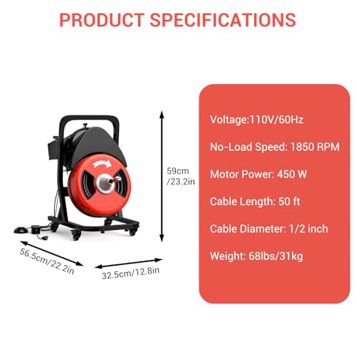 50FTx1/2 Inch Drain Cleaner Machine with Wheels, Sewer Snake Electric Drain for 2" to 4" Pipes, Plumbing Snake Auger Cleaner with 6 Cutter & Foot Switch for Sewer, Sink, Toilet, Bathroom
