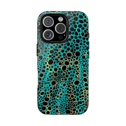 Coque brillante iPhone 16 Pro à pois abstraits turquoise et noir