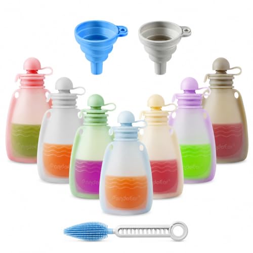 Image of PandaEar 7 Pack Silicone Baby Food Pouches, Reusable Squeeze Pouches | BPA Free Silicone Pouches With Cleaning Brush for Toddler Kids, Refillable Food Storage, 5oz, Freezer & Dishwasher Safe