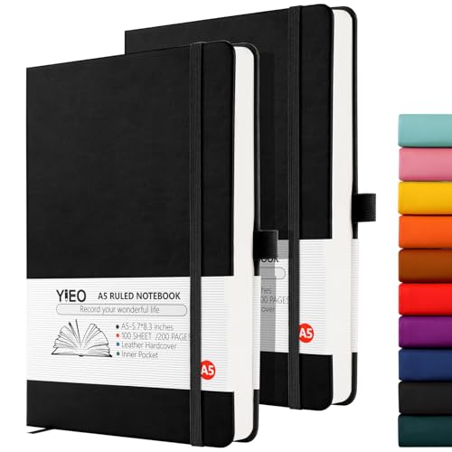 YIEO Notebook A5, 2 Pack Hardback Journal Notebook with 398 Lined Pages 80 GSM Leather Notepad with Bookmark, Pen Loop and Expandable Paper Pocket, for Office School Supplies (Black+Black)