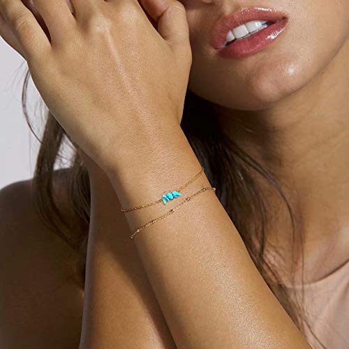 Dainty Layered Turquoise Bracelets for Women, 14K Gold Plated Tiny Layering Bead Chain Three Turquoise Bracelets for Women Jewelry(Three Turquoise & Beads Chain)
