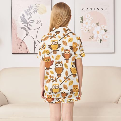 ALAZA Owl Yellow Leaves Pajamas Satin Pajama Set Short Sleeve Button Down Sleepwear4