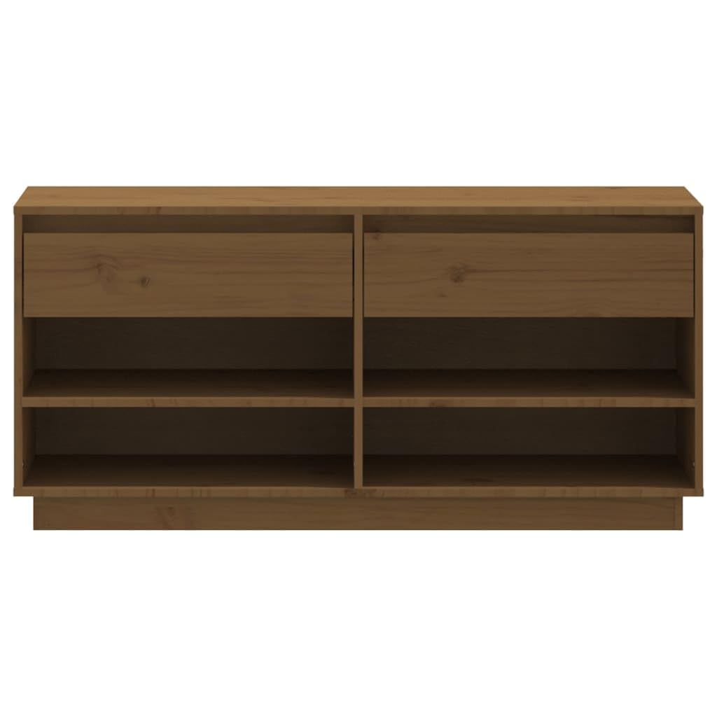 Schuhregal Honigbraun aus massivem Kiefernholz 110x34x52 cm, Schuhschrank mit 2 Schubladen und 4 Fächern, Stabiler Schuhständer für Flur, Diele, Schlafzimmer und Garderobe