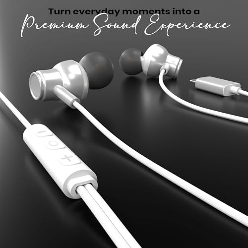 Image of Kratos Tune V6 C Type Earphones Wired, Deep Bass Drivers Earphone, Inline Control Type c Headphones with Mic, Comfort Fit Type c Earphone with Volume Control,Metallic C pin Earphones (White)