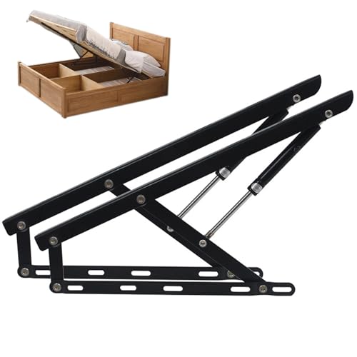 Juego de mecanismos elevables para Cama, Pack 2 Sistema de elevación con amortiguadores, bisagras + resortes de Gas para canape abatible, Movilidad para Cama Abatible, Acabado en Negro(150cm/59in)