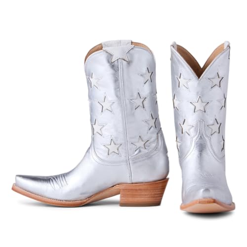 FYS Women's Pointed Toe Ankle Boots Stacked Block Low Heel Booties Fashion Stars Pull on Casual Cowboy Shoes Size 4-16 US4