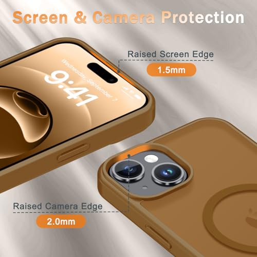 Image of YENAPOON for iPhone 15 Plus Case, iPhone 14 Plus Case, Matte Magnetic Phone Cover with 1 Screen Protector [Support for MagSafe] [Shockproof Military Grade Protection] Translucent Frosted Back, Brown