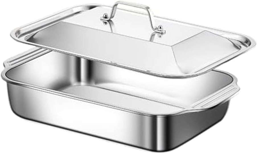 Commercial-Grade Stainless Steel Lasagna Pan with Lid and Riveted Handles, 18x11 Inch Deep Baking Dish for Casseroles and Roasted Meats, 3 Inch Depth for Multiple Layers