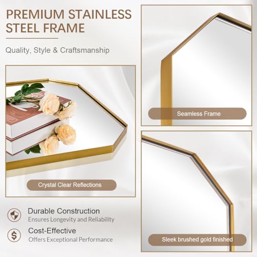 Image of ANDY STAR Gold Octagon Bathroom Mirror, 24x32 Inch Stainless Steel Metal Frame, Anti-Rust, Shatterproof HD Glass, Wall Mounted for Bathroom, Bedroom, Living Room