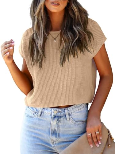 Image of LCXWFE Womens Summer Cropped Sweater Vest Trendy Cap Sleeve Crop Tops Crew Neck Loose Knit Tank Top