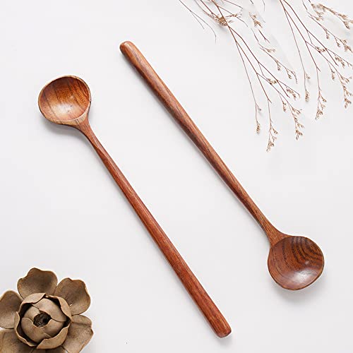Image of Wooden Soup Spoon, 2PCS Wooden Long Spoons Korean Style Natural Wood Long Handle Round Spoons Long Soup Spoons for Soup Cooking Mixing Stirrer Kitchen Tools