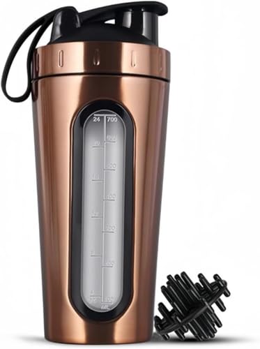 Benjiu プロテインシェイカーボトル 真空シェーカーボトル ミックスやプレワークアウト用 可視ウィンドウ ステンレススチールシェーカーボトル 漏れ防止 700ml 大容量 ボール付き プレワークアウト用 (ゴールデン)